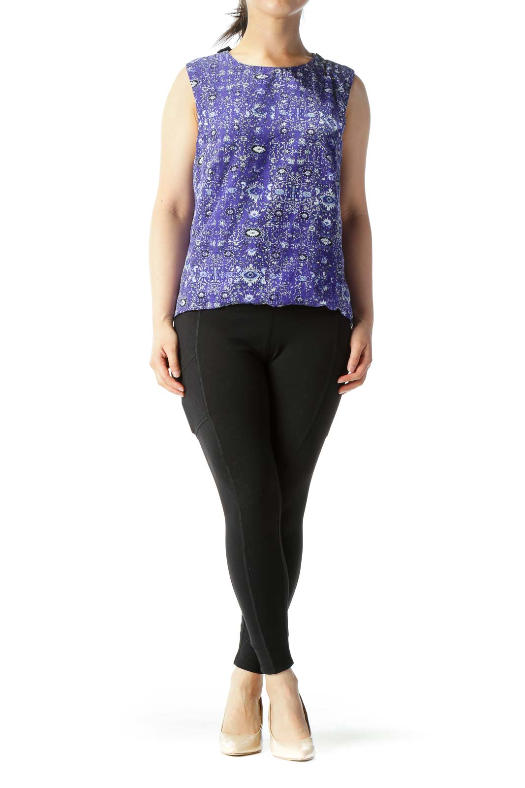 Purple Blue & Black Print Sleeveless Open-Back Blouse