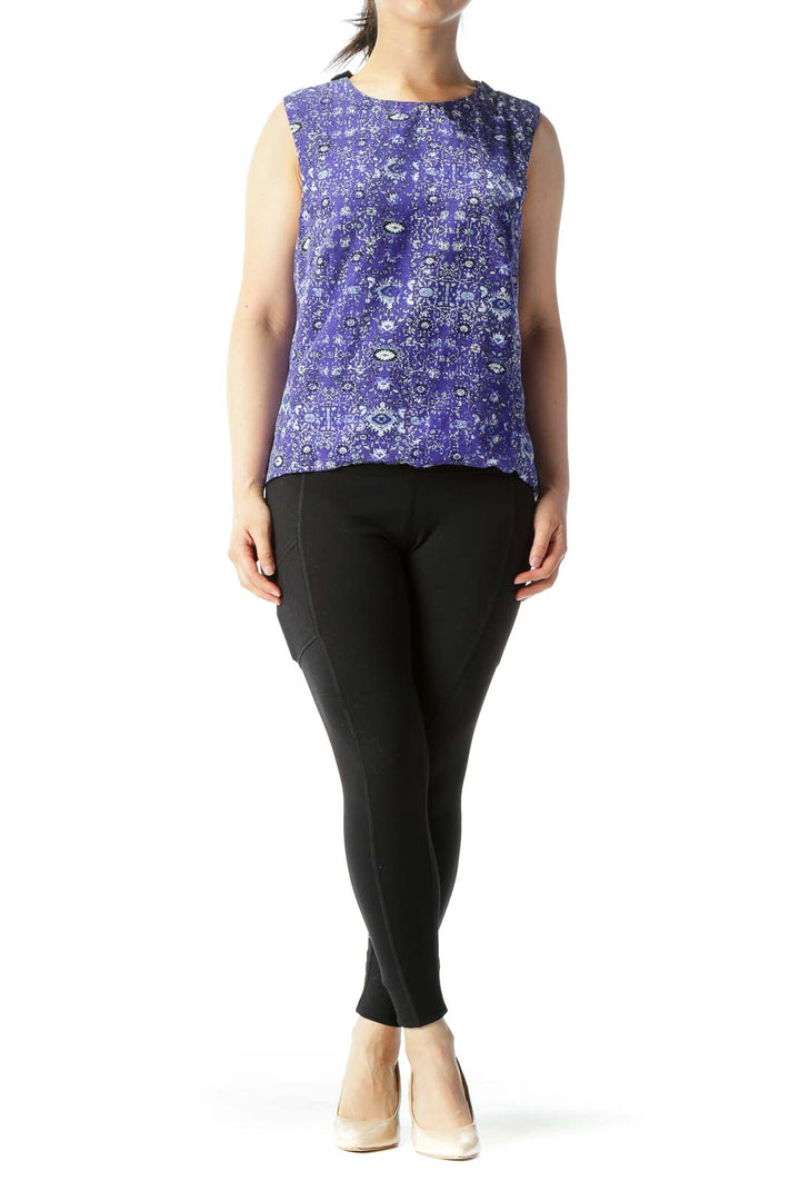 Purple Blue & Black Print Sleeveless Open-Back Blouse