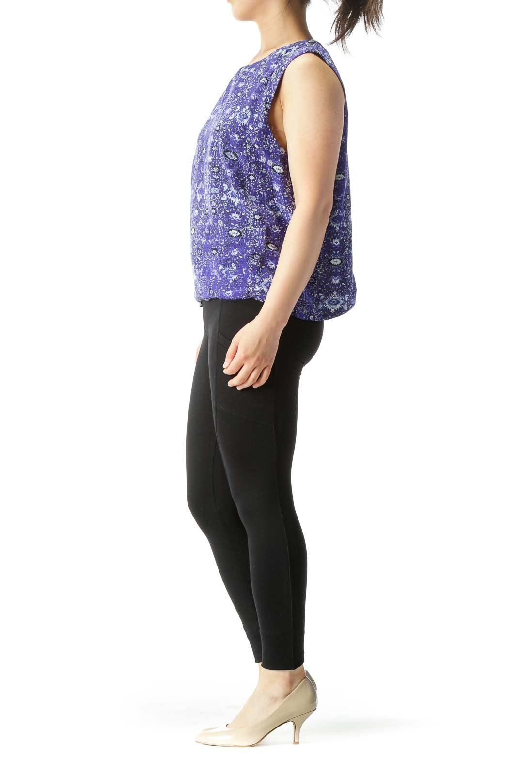 Purple Blue & Black Print Sleeveless Open-Back Blouse