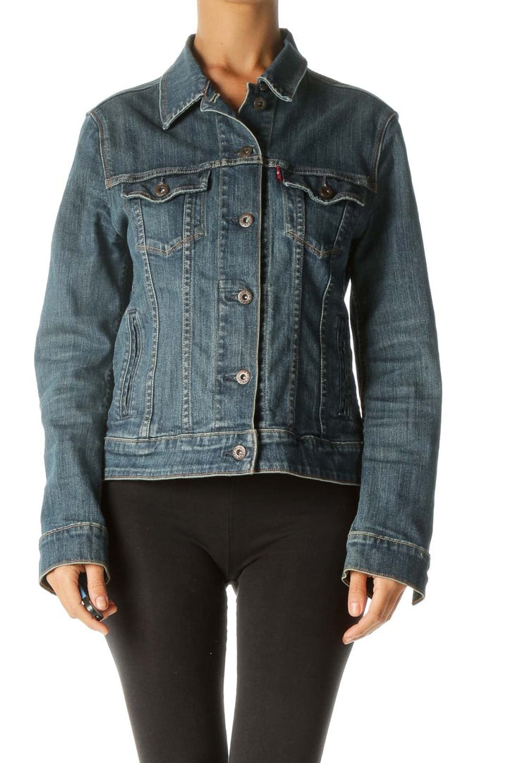 Blue Medium-Wash Long Sleeve Pocketed Denim Jacket