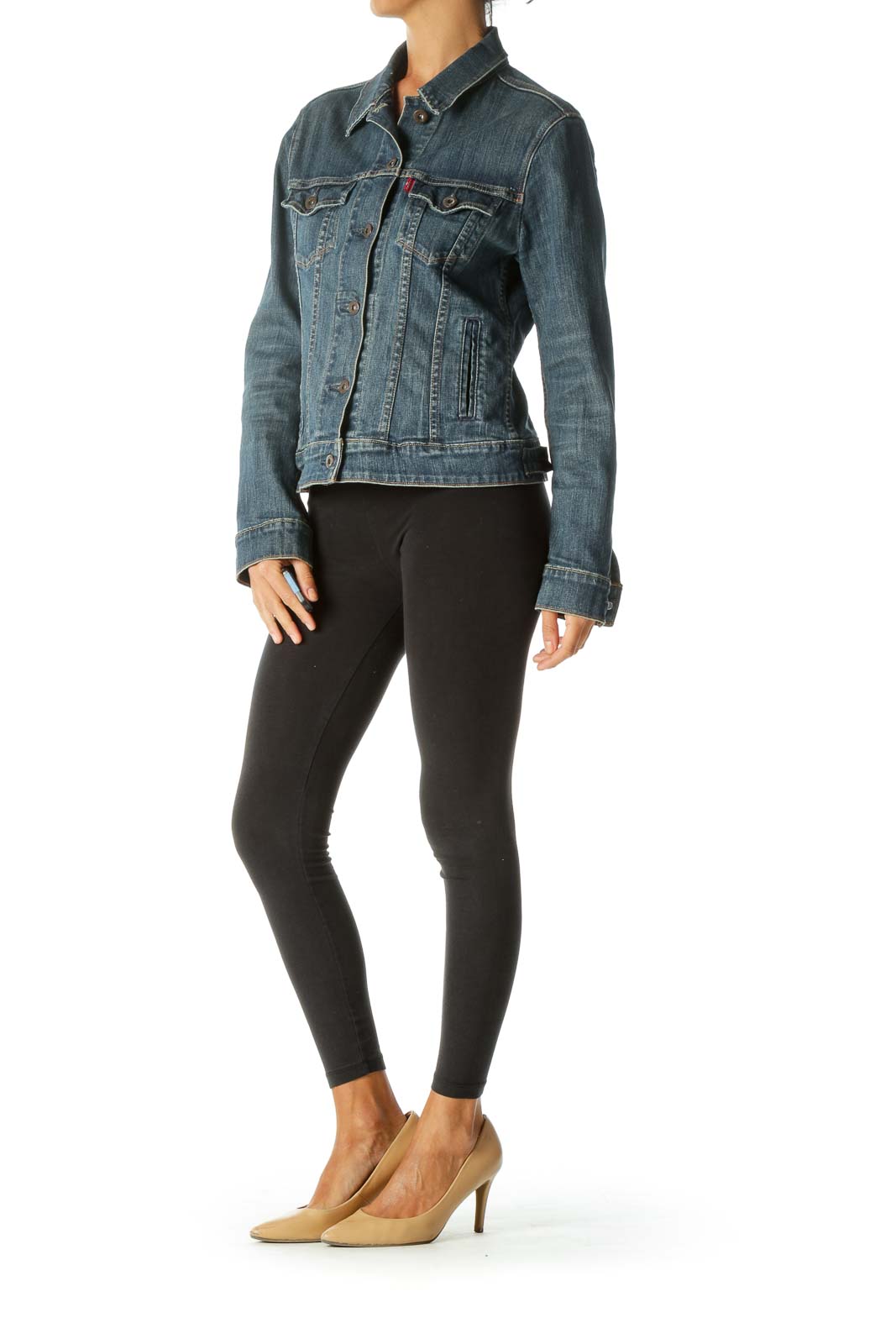 Blue Medium-Wash Long Sleeve Pocketed Denim Jacket