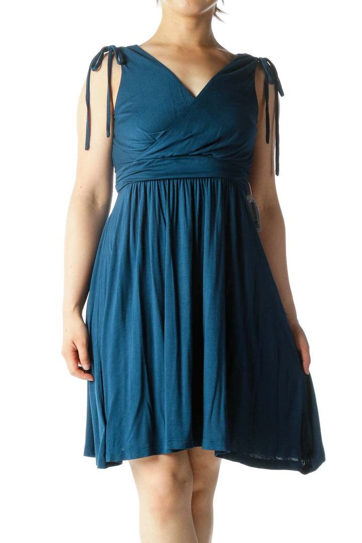 Teal Blue V-Neck Surplice Stretch Flared Day Dress