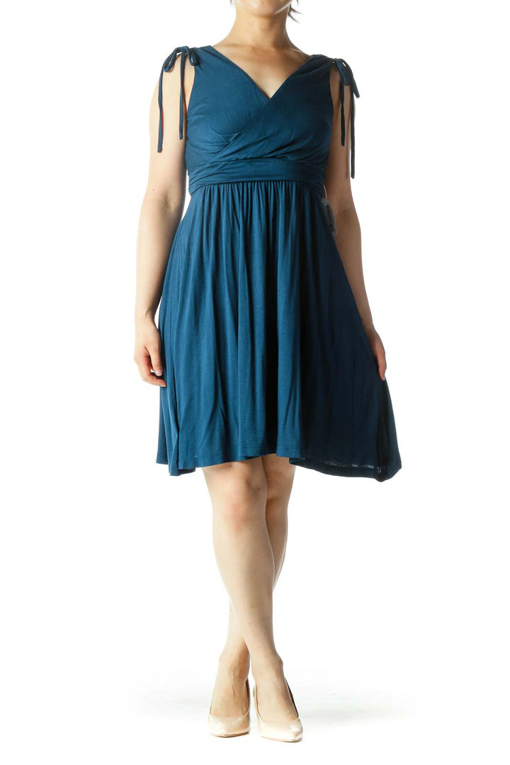 Teal Blue V-Neck Surplice Stretch Flared Day Dress