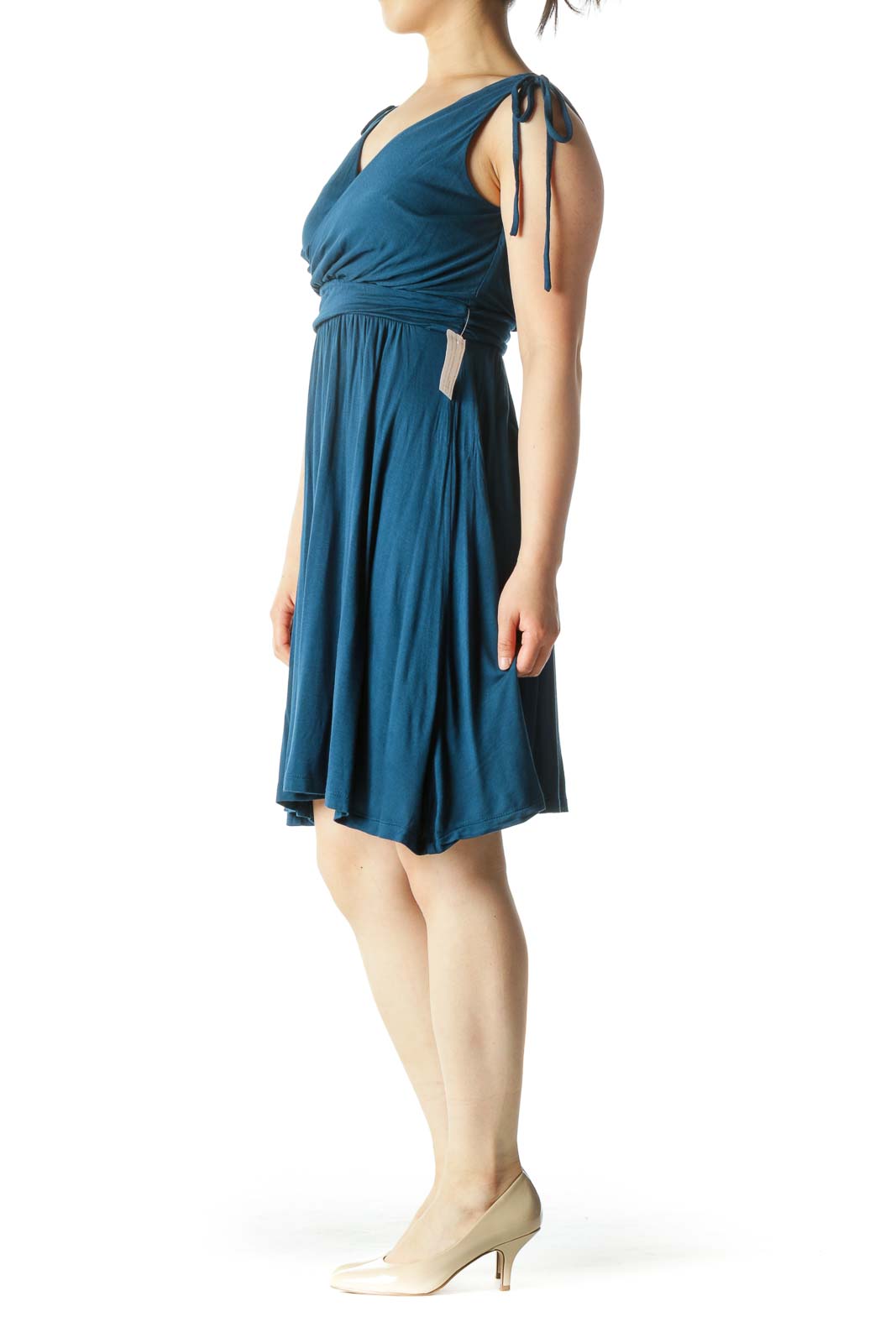 Teal Blue V-Neck Surplice Stretch Flared Day Dress