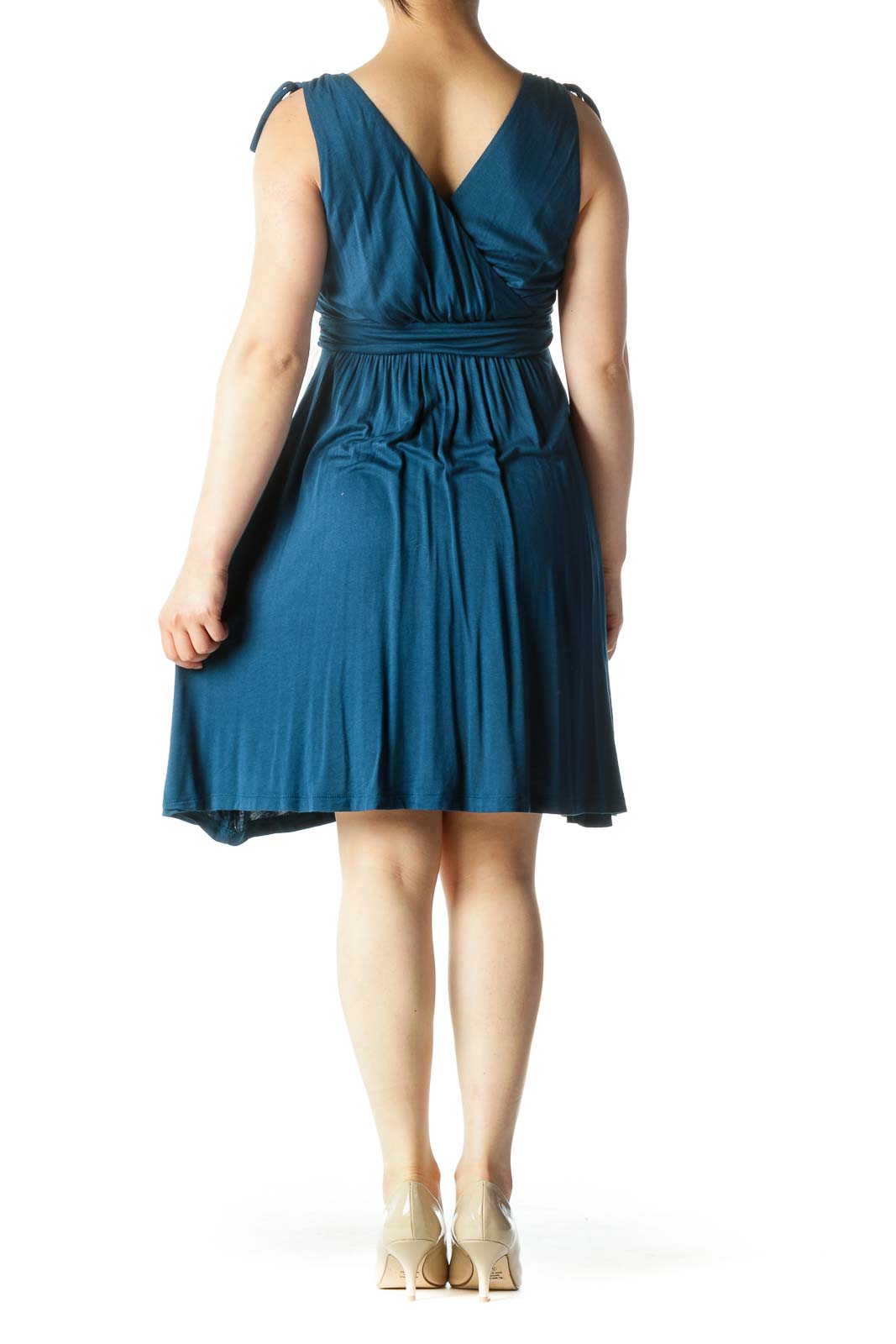 Teal Blue V-Neck Surplice Stretch Flared Day Dress