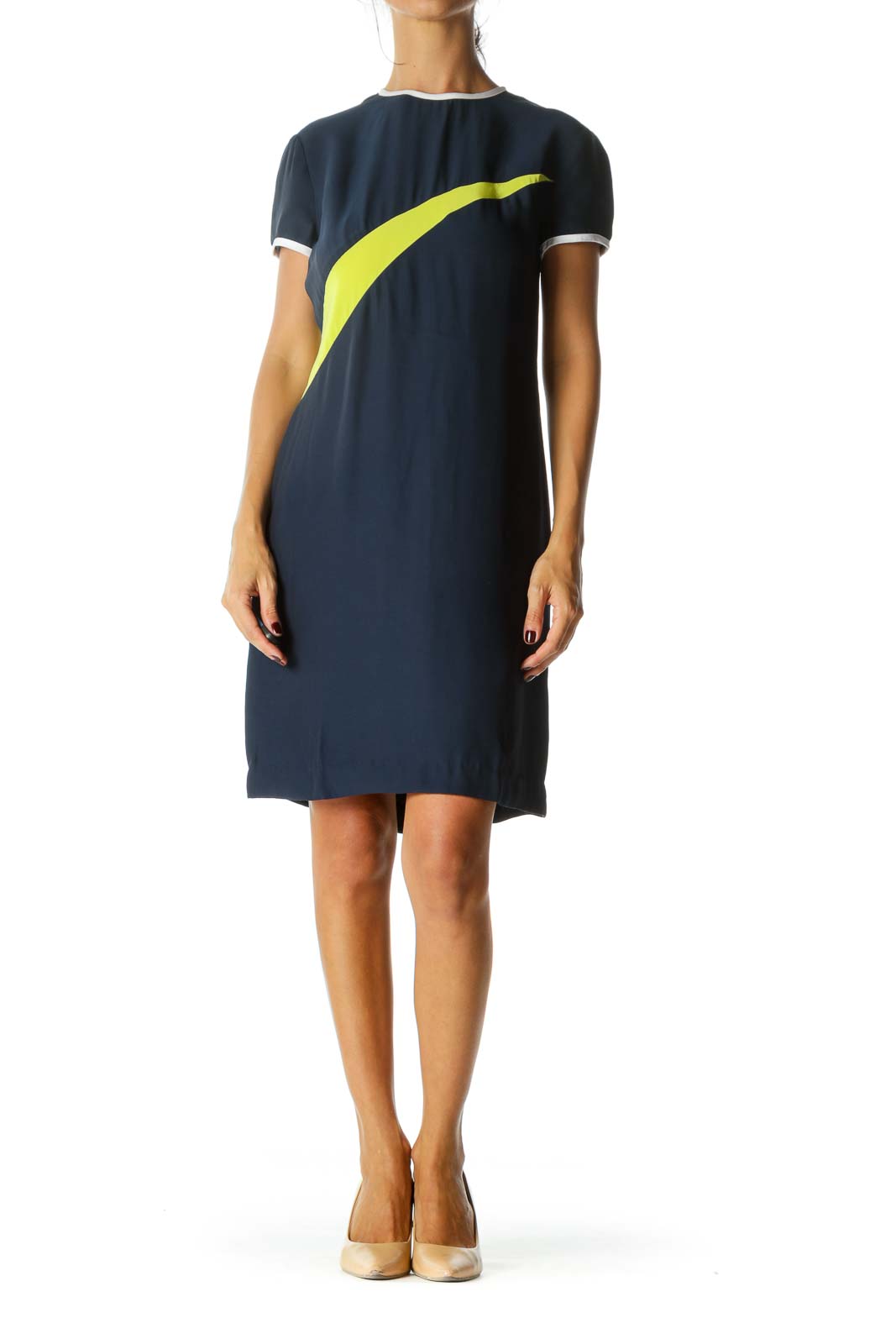 Navy Blue Fluorescent Green White Trim Short Sleeve Silk Blend Color Block Dress