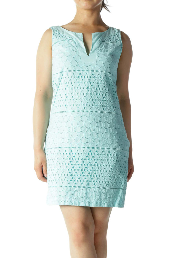 Light Blue 100% Cotton Eyelet V-Neck Side Zipper Day Dress