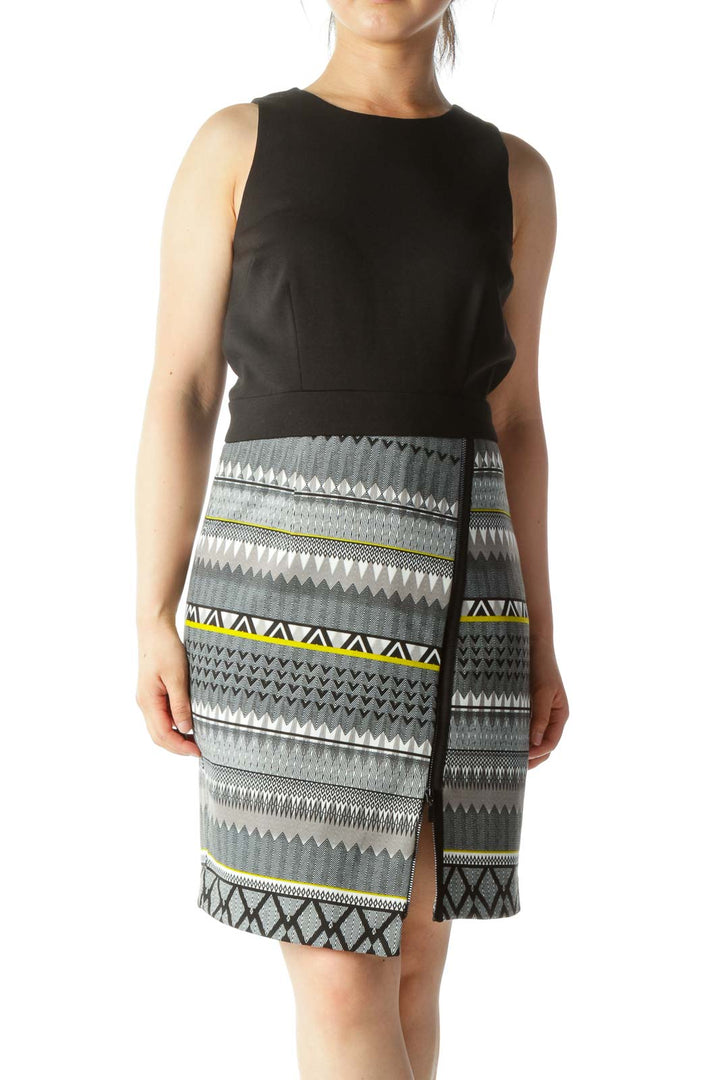 Black White Gray Yellow Skirt Print Zipper Accent Dress