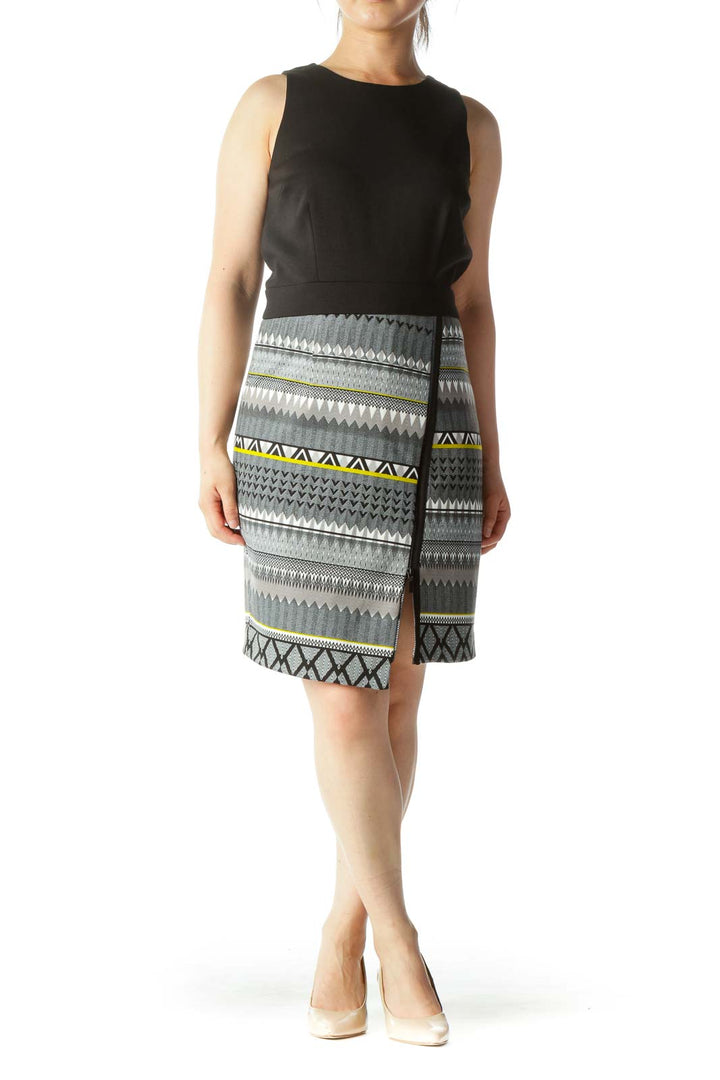 Black White Gray Yellow Skirt Print Zipper Accent Dress