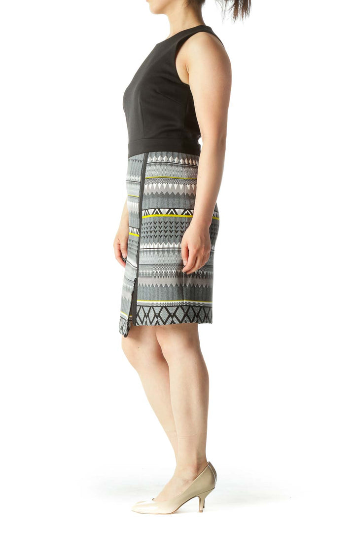 Black White Gray Yellow Skirt Print Zipper Accent Dress