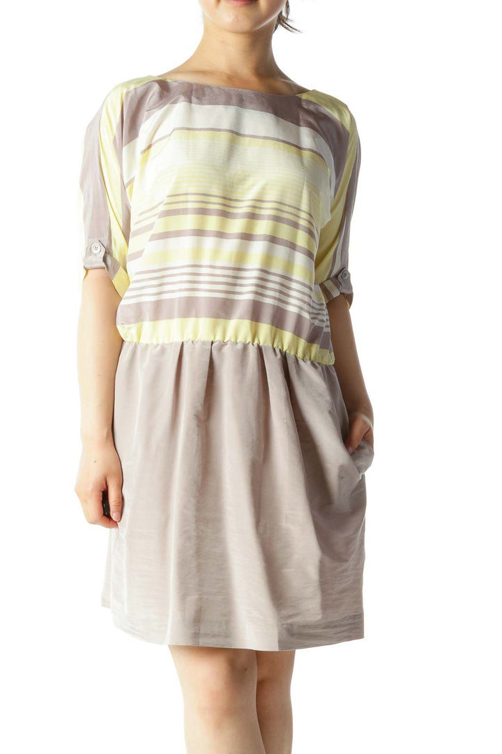 Beige Yellow White Gradient Stripes Bat Sleeves Elastic Waist Dress