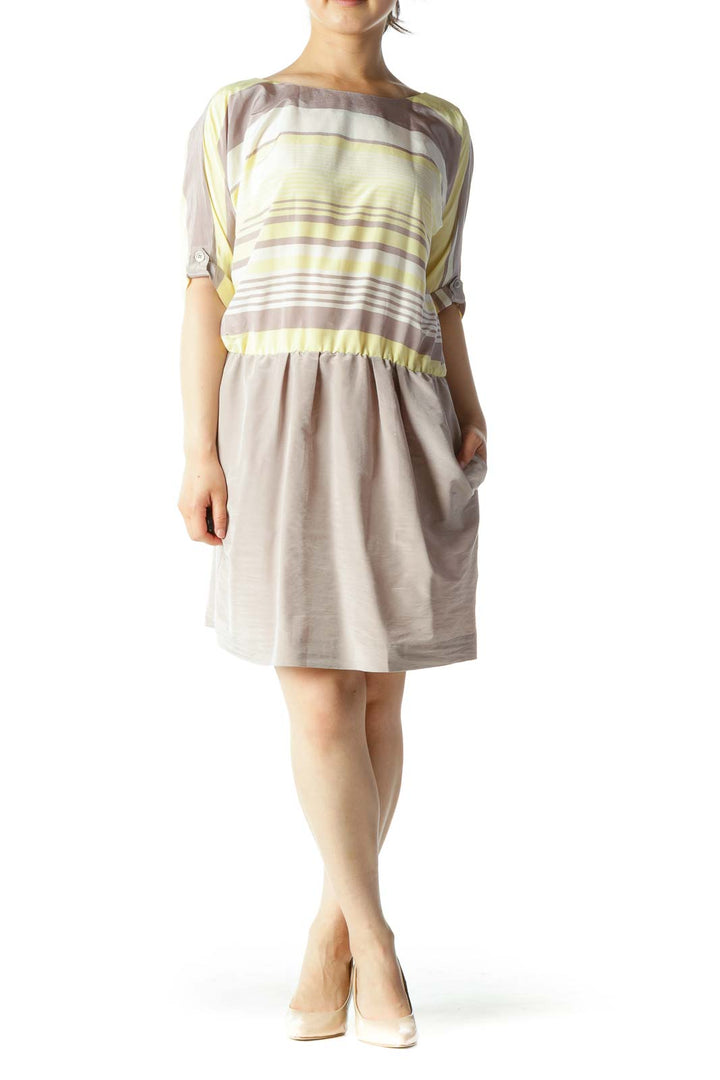 Beige Yellow White Gradient Stripes Bat Sleeves Elastic Waist Dress