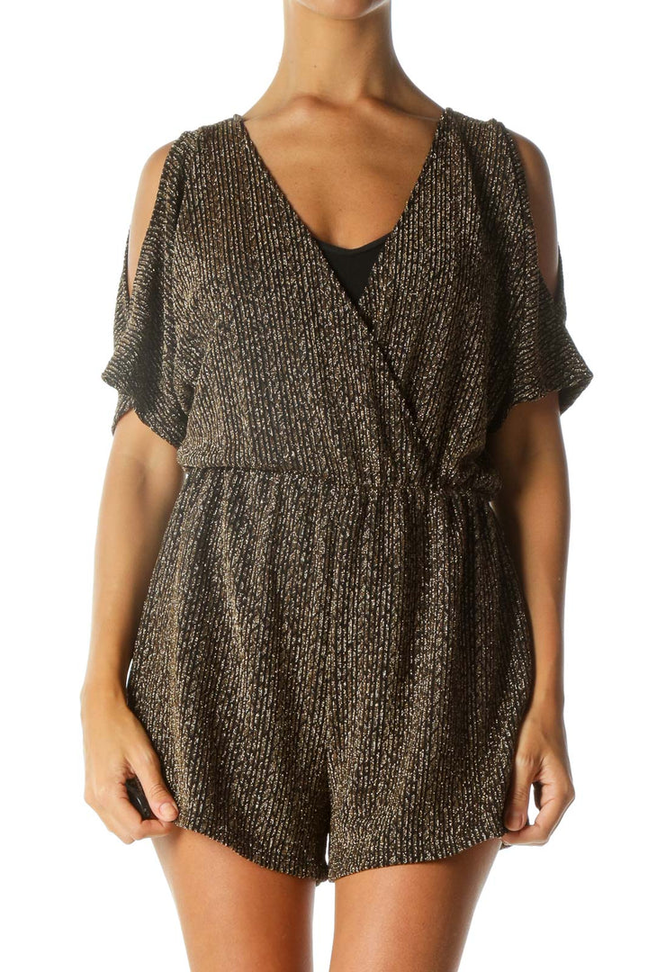 Black Gold Surplice Textured Cold Shoulder Short Sleeve Romper