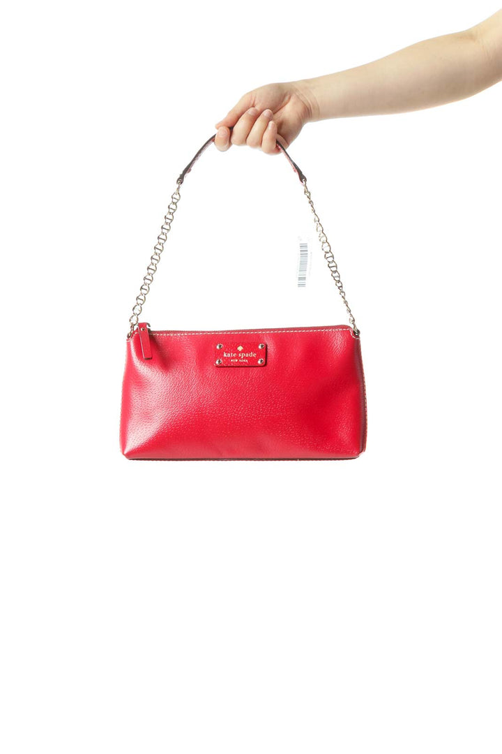 Red Gold Chain Leather Zippered Shoulder Bag