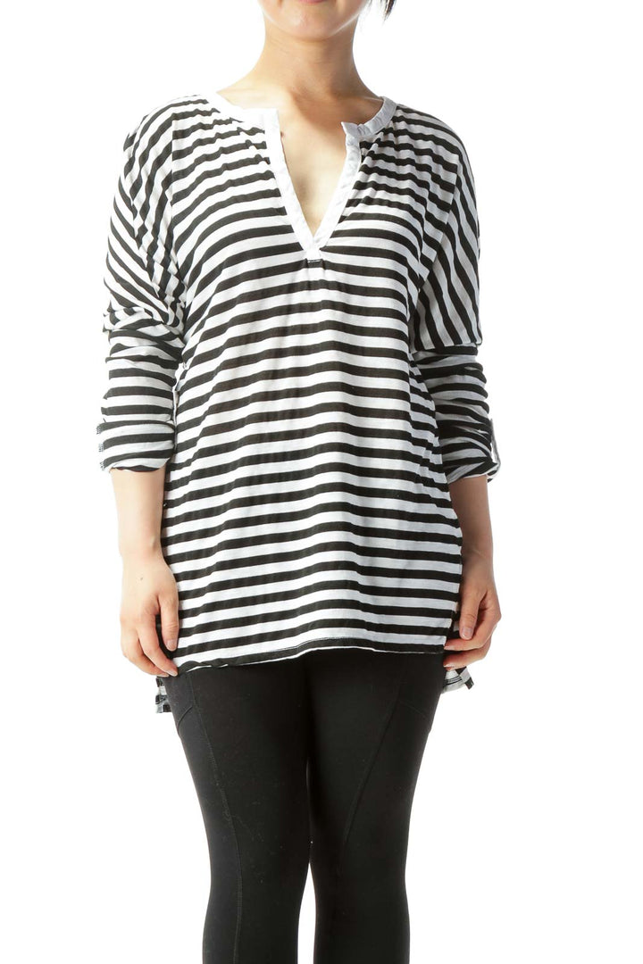 White & Black Striped Long-Sleeve Rolled-Cuff Knit Top