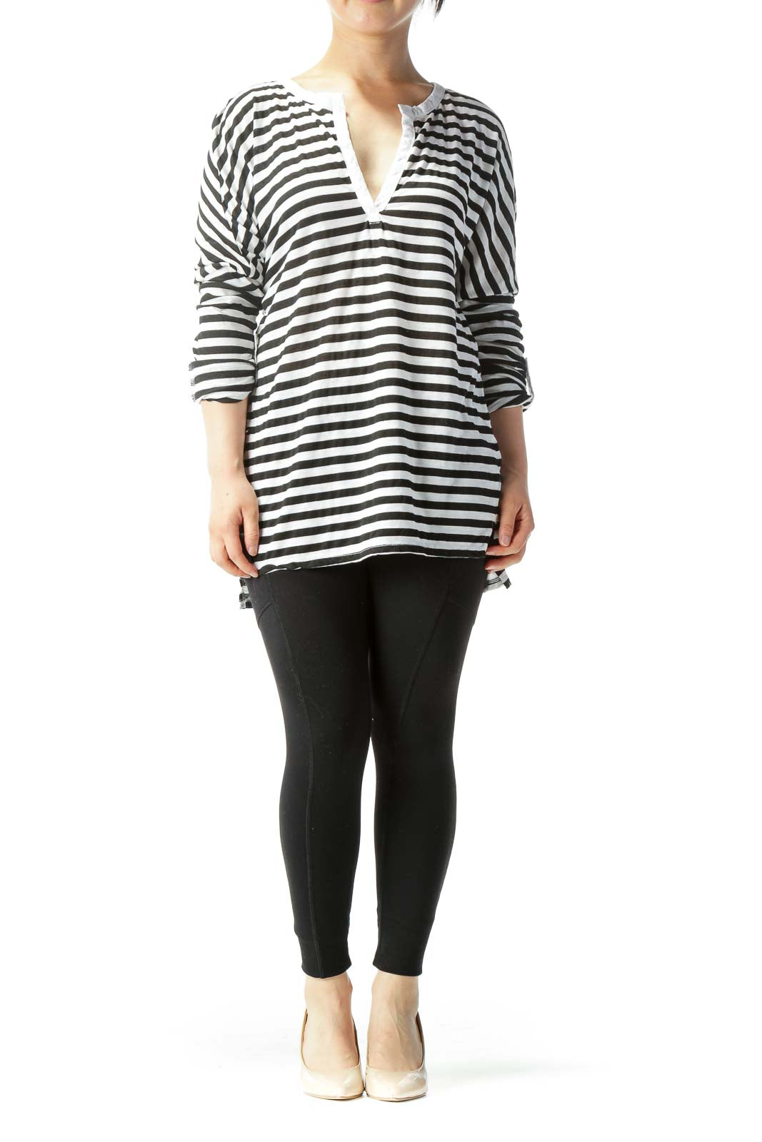 White & Black Striped Long-Sleeve Rolled-Cuff Knit Top