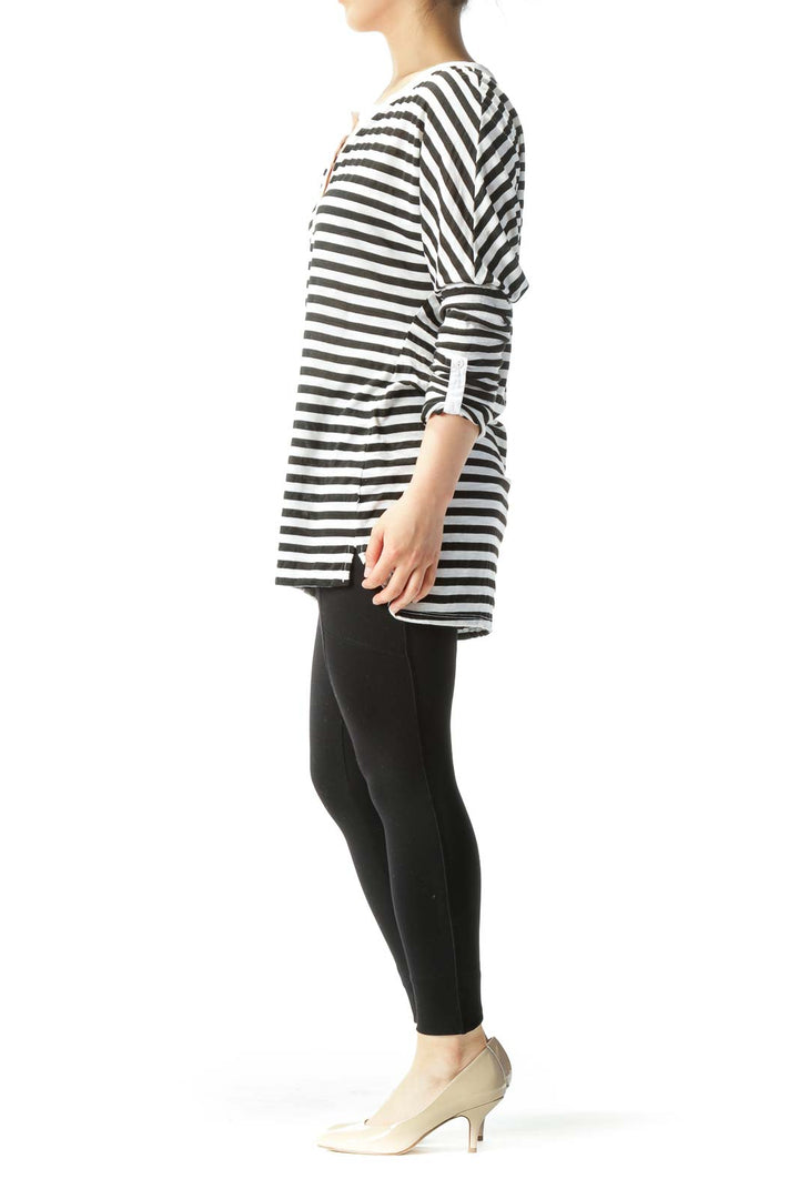 White & Black Striped Long-Sleeve Rolled-Cuff Knit Top