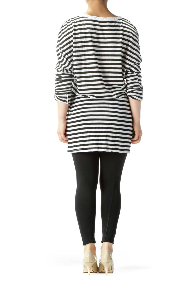 White & Black Striped Long-Sleeve Rolled-Cuff Knit Top