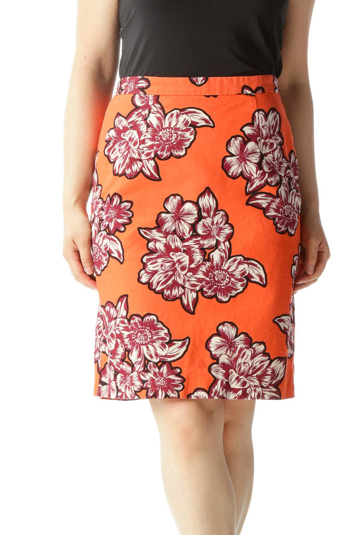 Orange Burgundy White Floral Print Textured A-Line Skirt