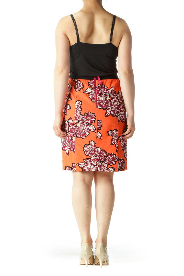 Orange Burgundy White Floral Print Textured A-Line Skirt