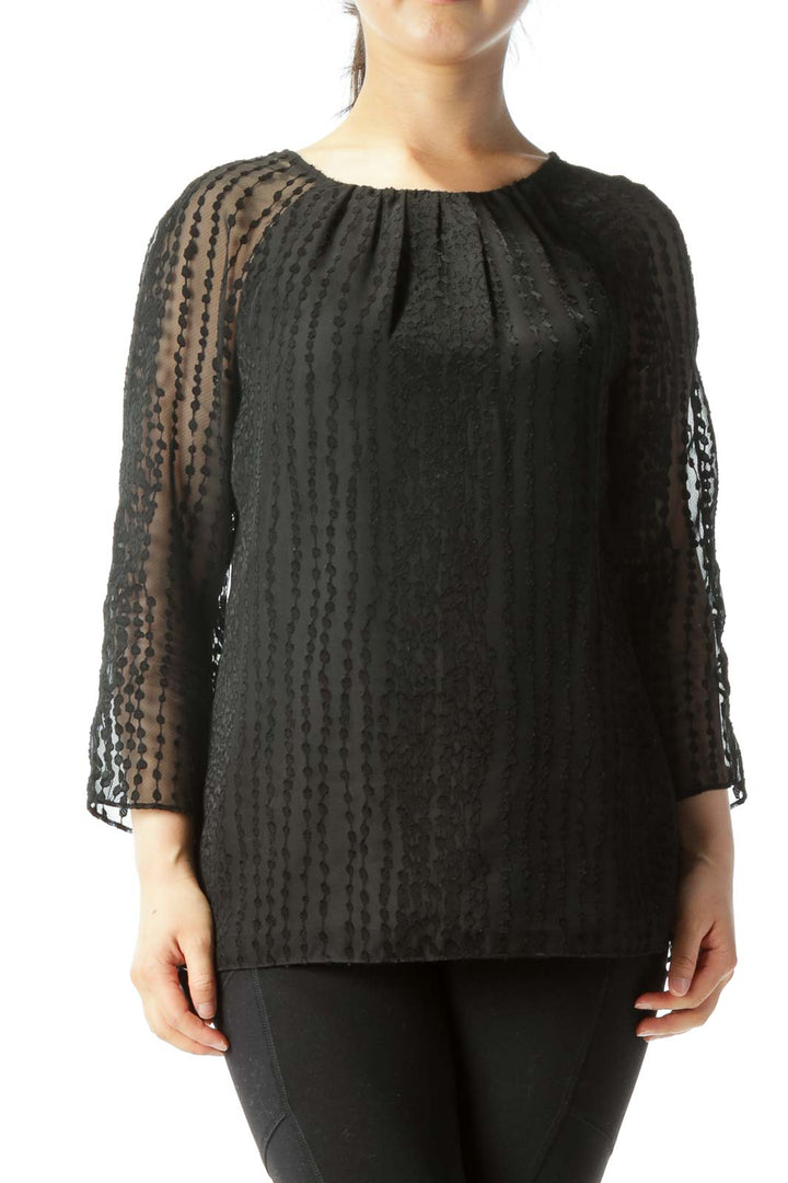 Black Translucent-Sleeve Lined Embossed-Pattern Blouse