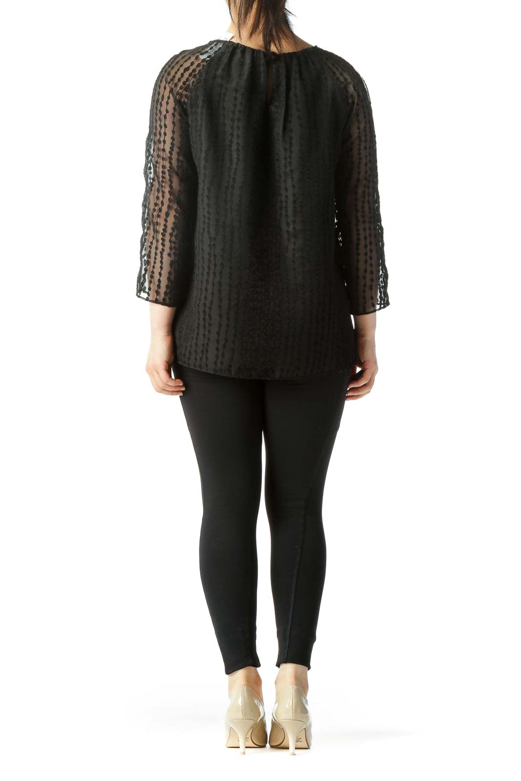 Black Translucent-Sleeve Lined Embossed-Pattern Blouse