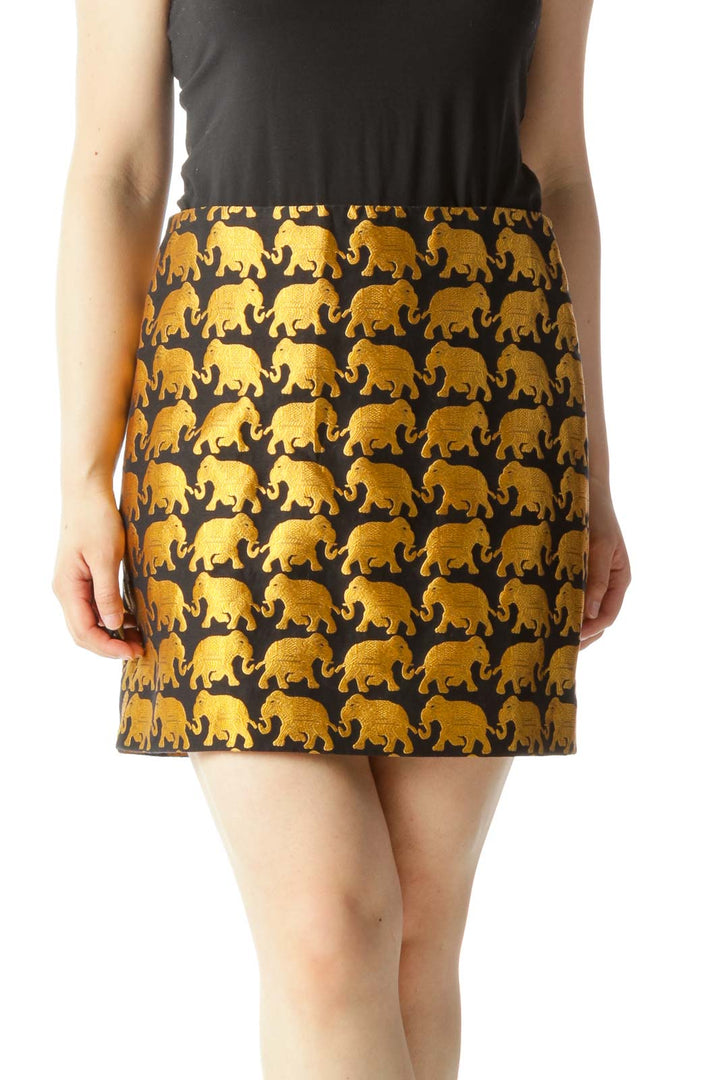 Black Gold Thread Elephant Embroidery Mini Skirt