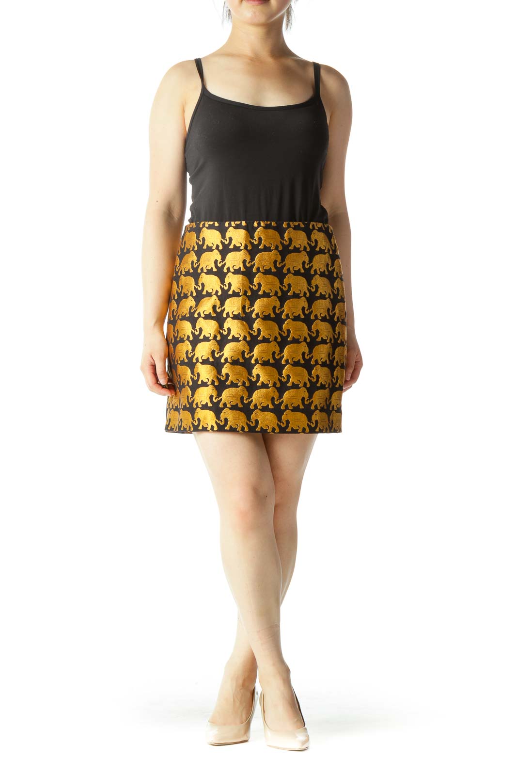 Black Gold Thread Elephant Embroidery Mini Skirt