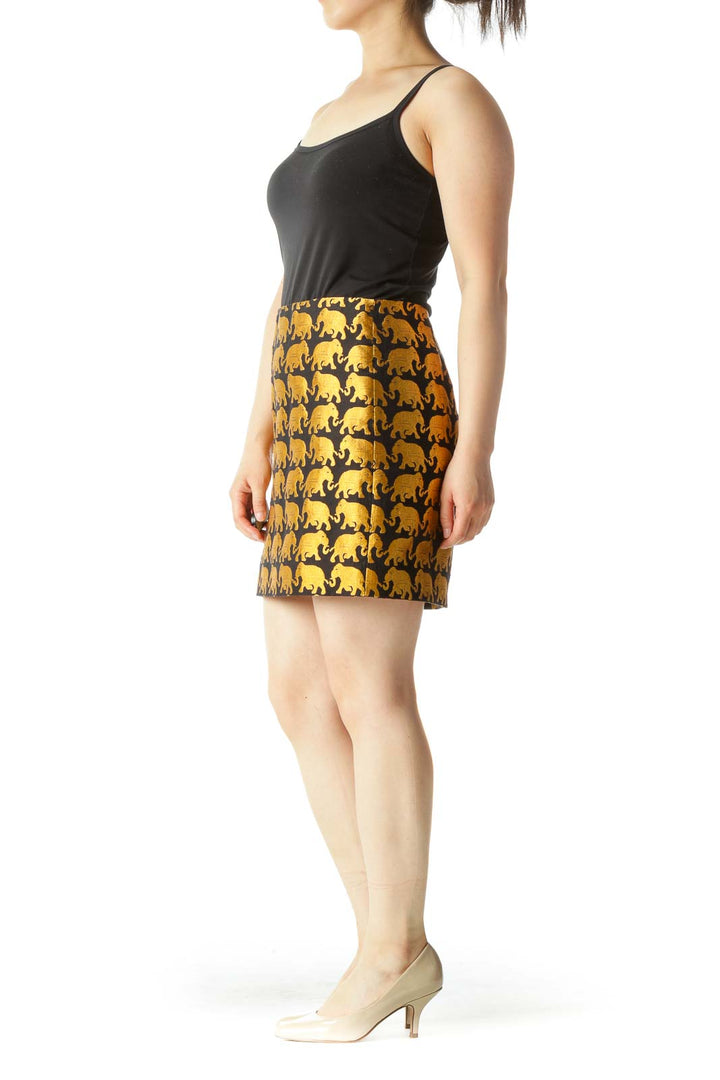 Black Gold Thread Elephant Embroidery Mini Skirt