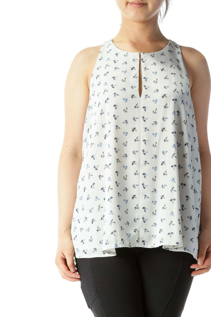 Gray & Blue Leaf Print Key-Hole Sleeveless Blouse with Yellow Detailing