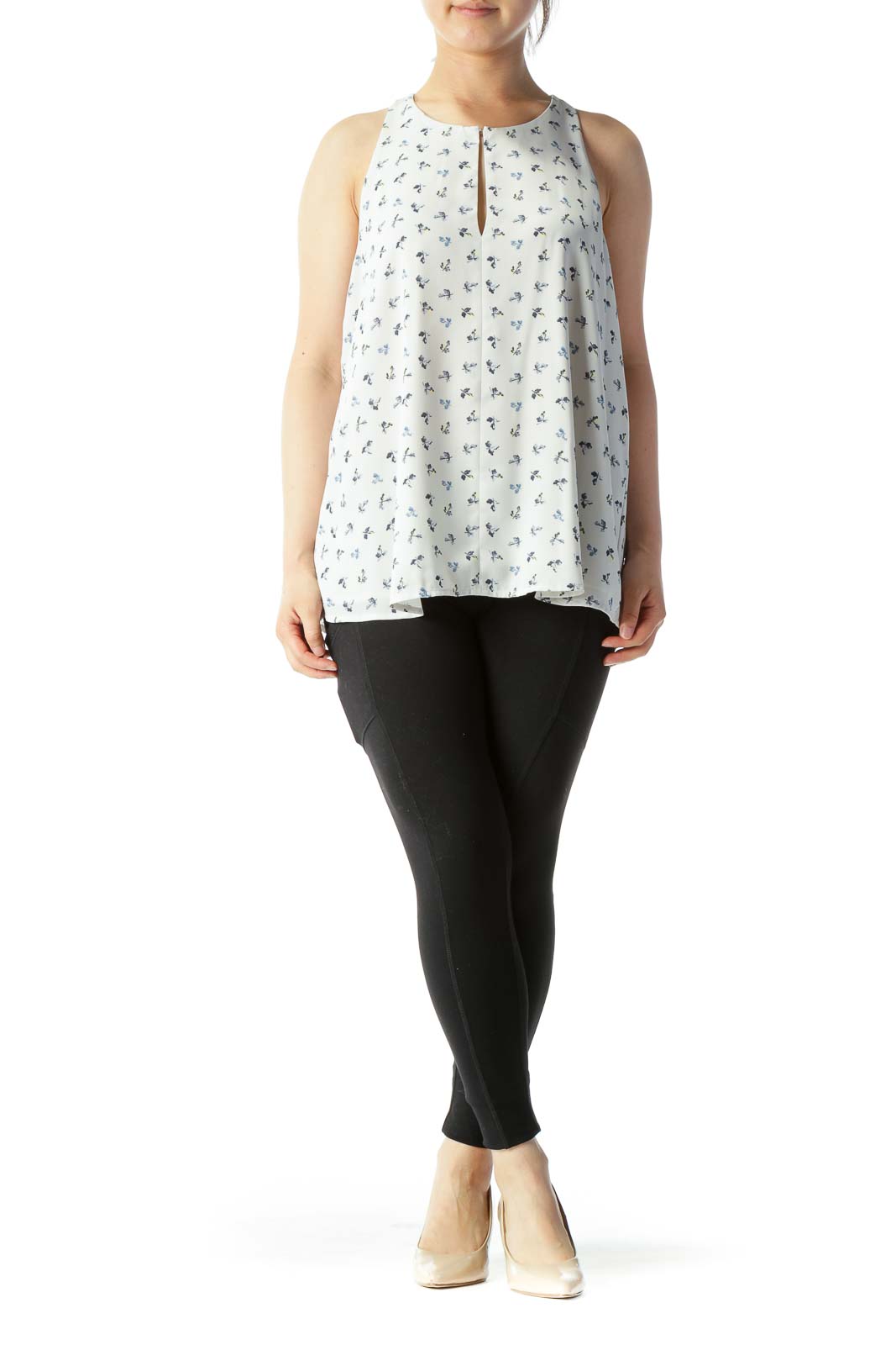 Gray & Blue Leaf Print Key-Hole Sleeveless Blouse with Yellow Detailing