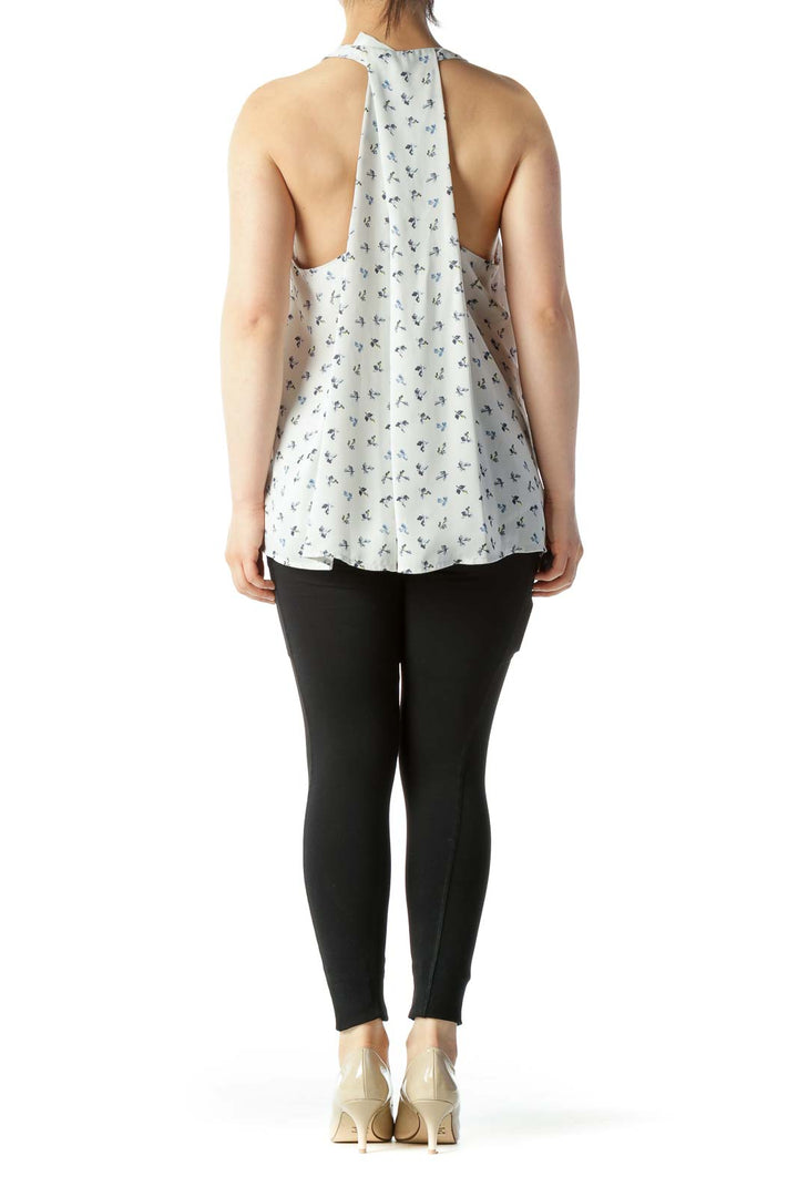 Gray & Blue Leaf Print Key-Hole Sleeveless Blouse with Yellow Detailing