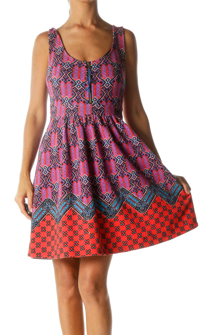 Black Red Blue Pink Scoop Neck Printed Zipper Pocketed Dress