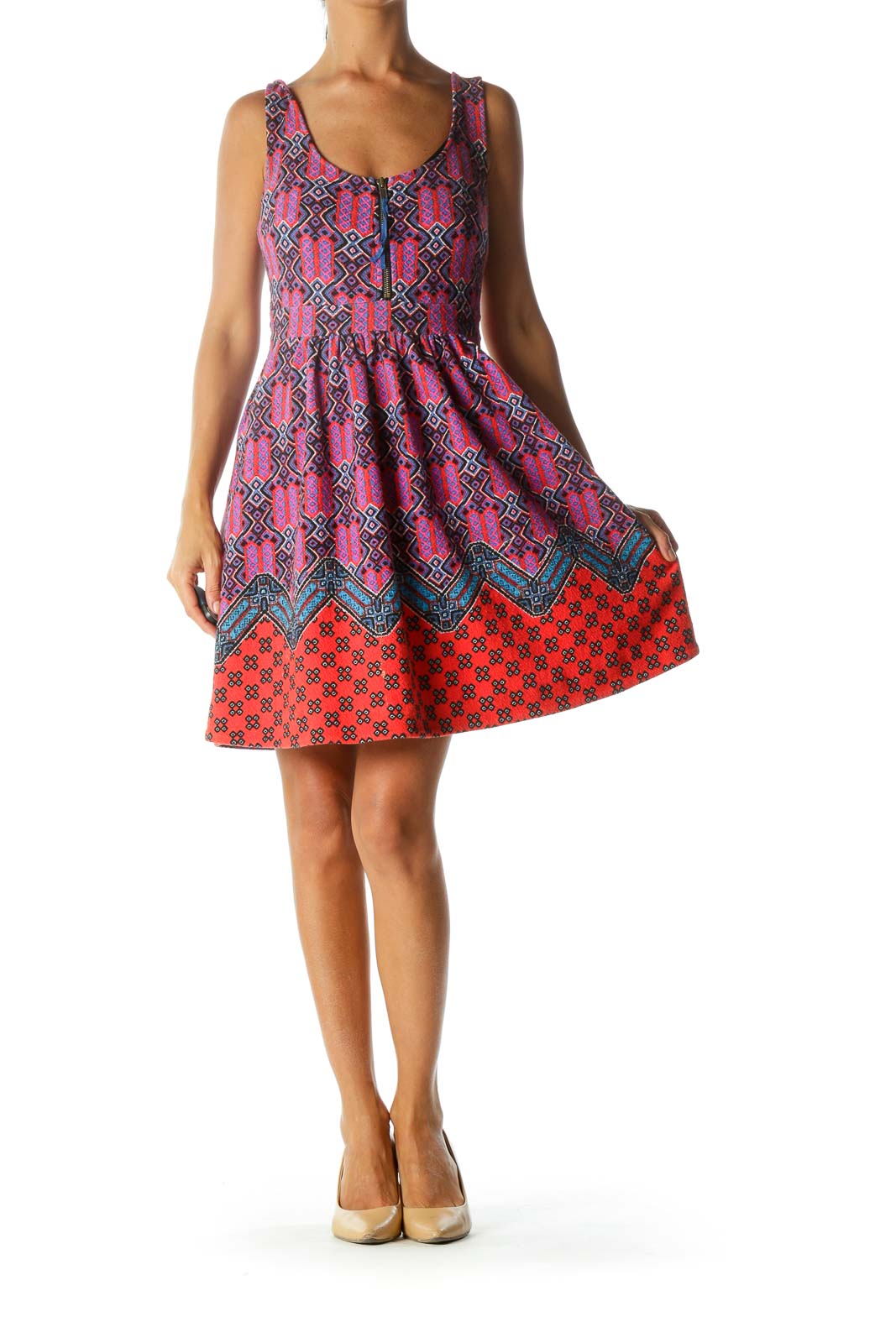 Black Red Blue Pink Scoop Neck Printed Zipper Pocketed Dress