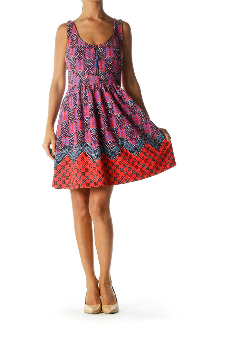 Black Red Blue Pink Scoop Neck Printed Zipper Pocketed Dress