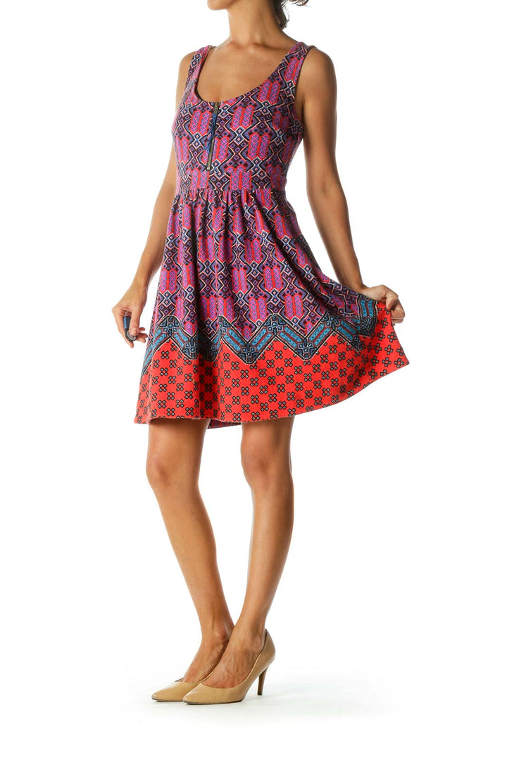 Black Red Blue Pink Scoop Neck Printed Zipper Pocketed Dress