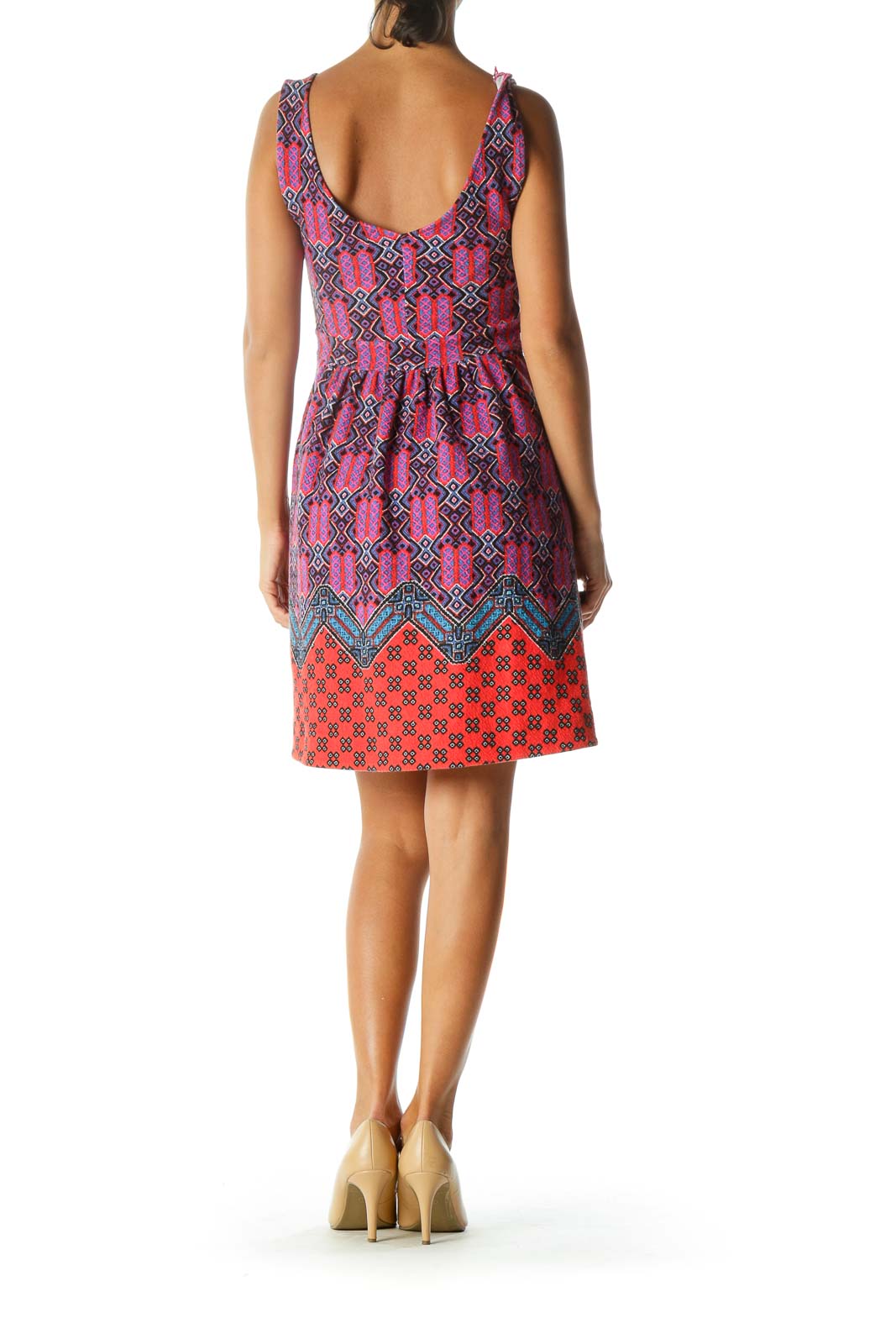 Black Red Blue Pink Scoop Neck Printed Zipper Pocketed Dress