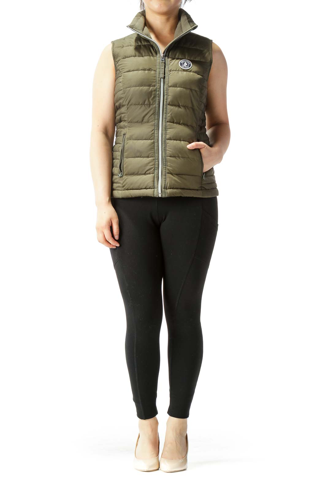 Olive Green Padded Quilted Zipper Pockets Vest