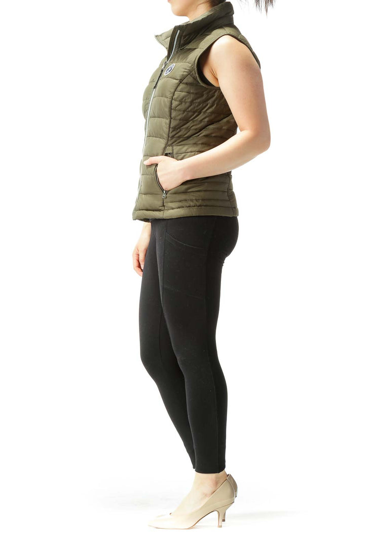 Olive Green Padded Quilted Zipper Pockets Vest