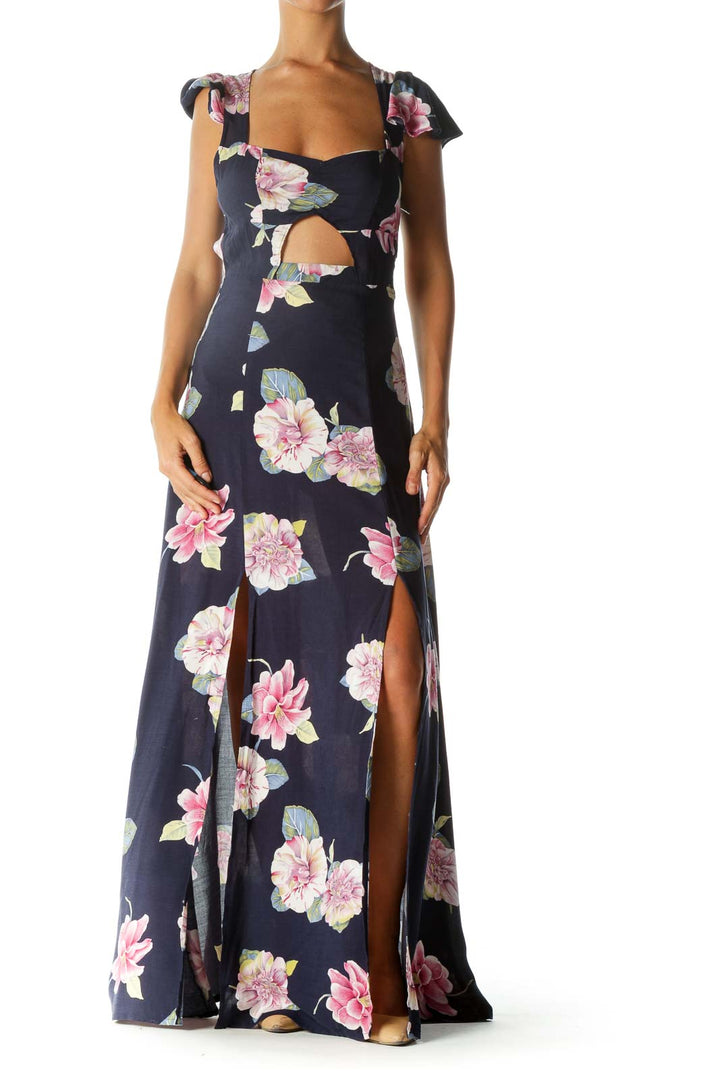 Navy Blue Pink Yellow White Floral Print Cut-Out Leg-Opening Day Dress