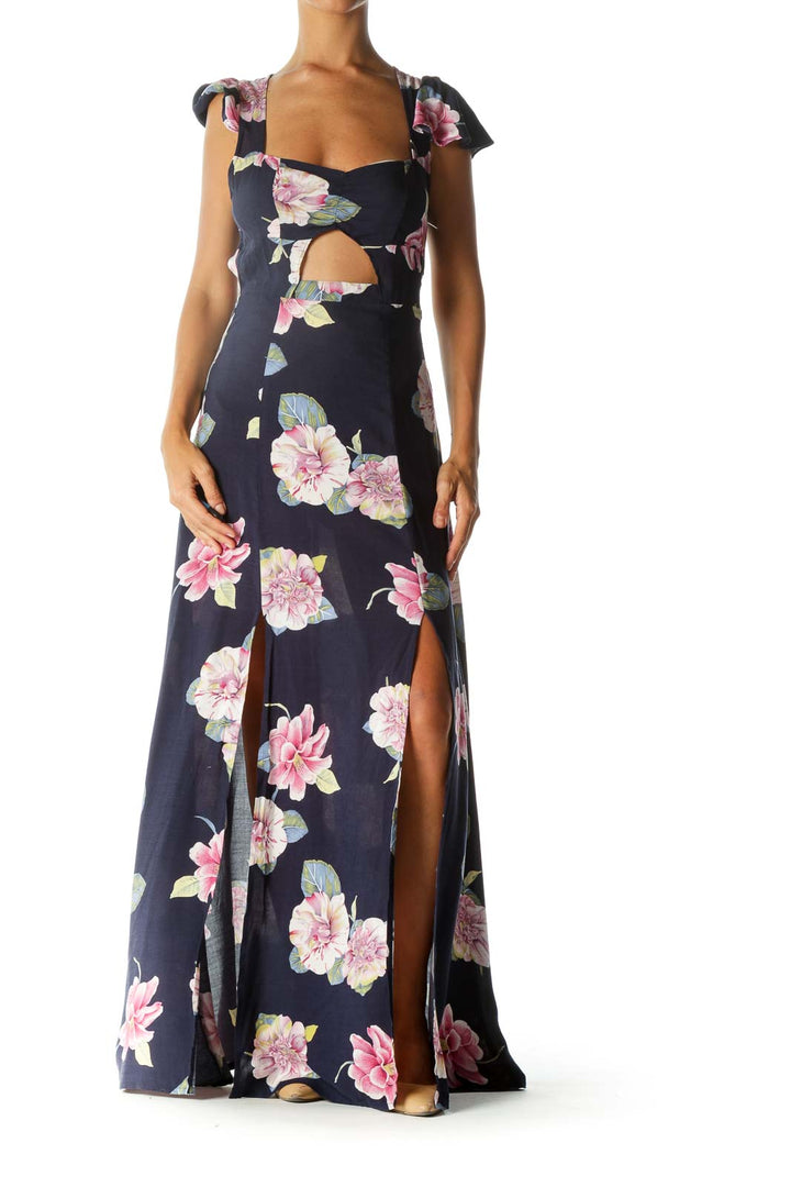 Navy Blue Pink Yellow White Floral Print Cut-Out Leg-Opening Day Dress