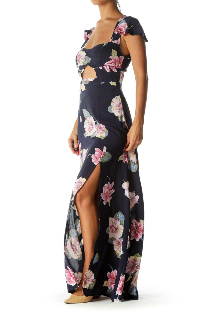 Navy Blue Pink Yellow White Floral Print Cut-Out Leg-Opening Day Dress