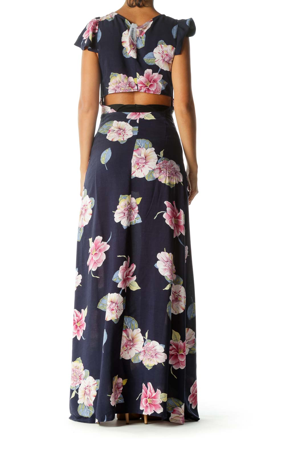 Navy Blue Pink Yellow White Floral Print Cut-Out Leg-Opening Day Dress