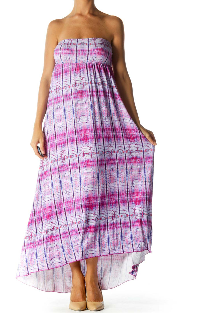 Purple Blue Print Strapless Empire Stretch Maxi Dress