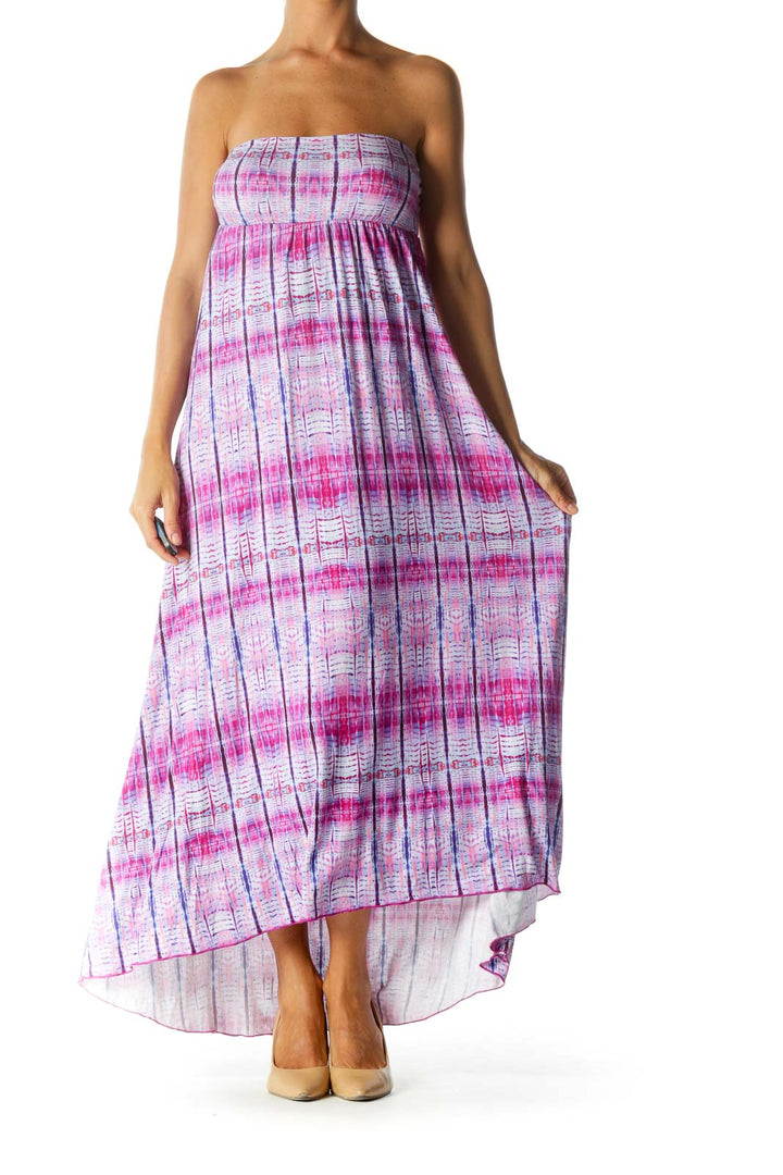 Purple Blue Print Strapless Empire Stretch Maxi Dress