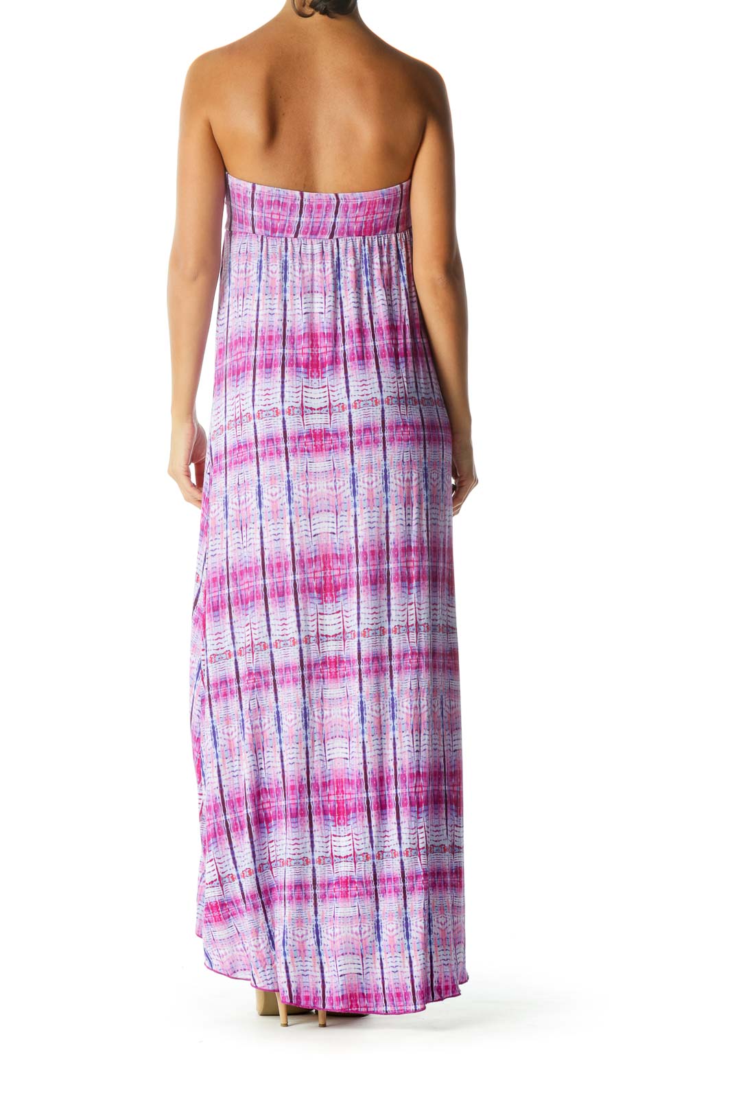 Purple Blue Print Strapless Empire Stretch Maxi Dress