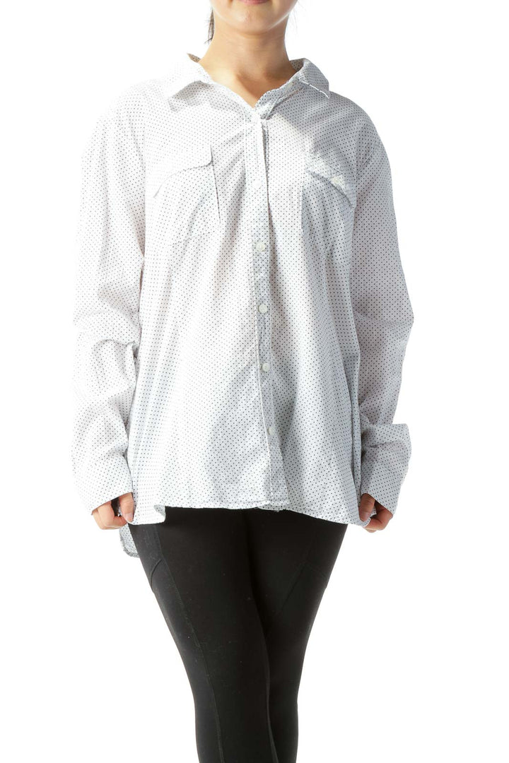 White & Black Polka-Dot Button-Down Long-Sleeve Blouse