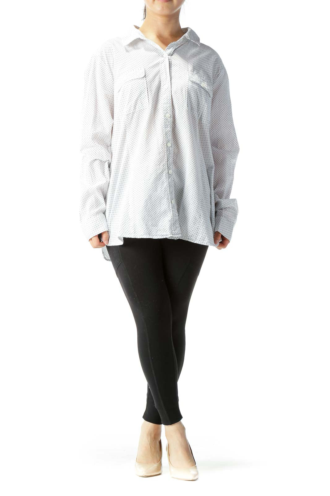 White & Black Polka-Dot Button-Down Long-Sleeve Blouse