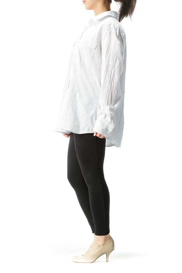 White & Black Polka-Dot Button-Down Long-Sleeve Blouse