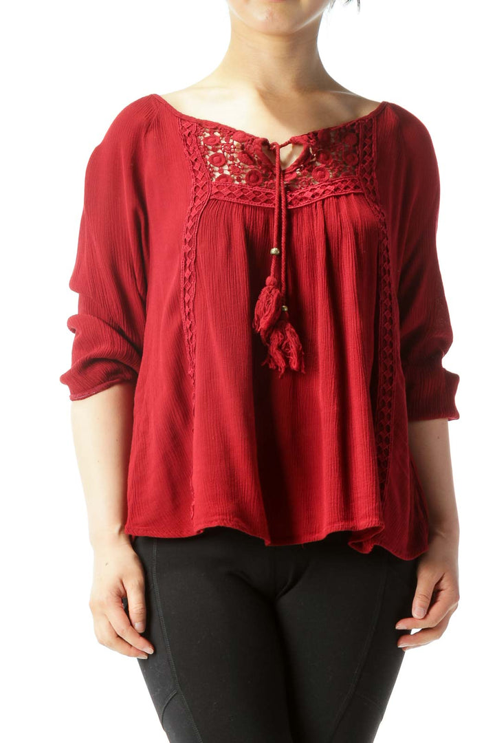 Burgundy Lace-Detailed Chest-Tie Long-Sleeve Blouse